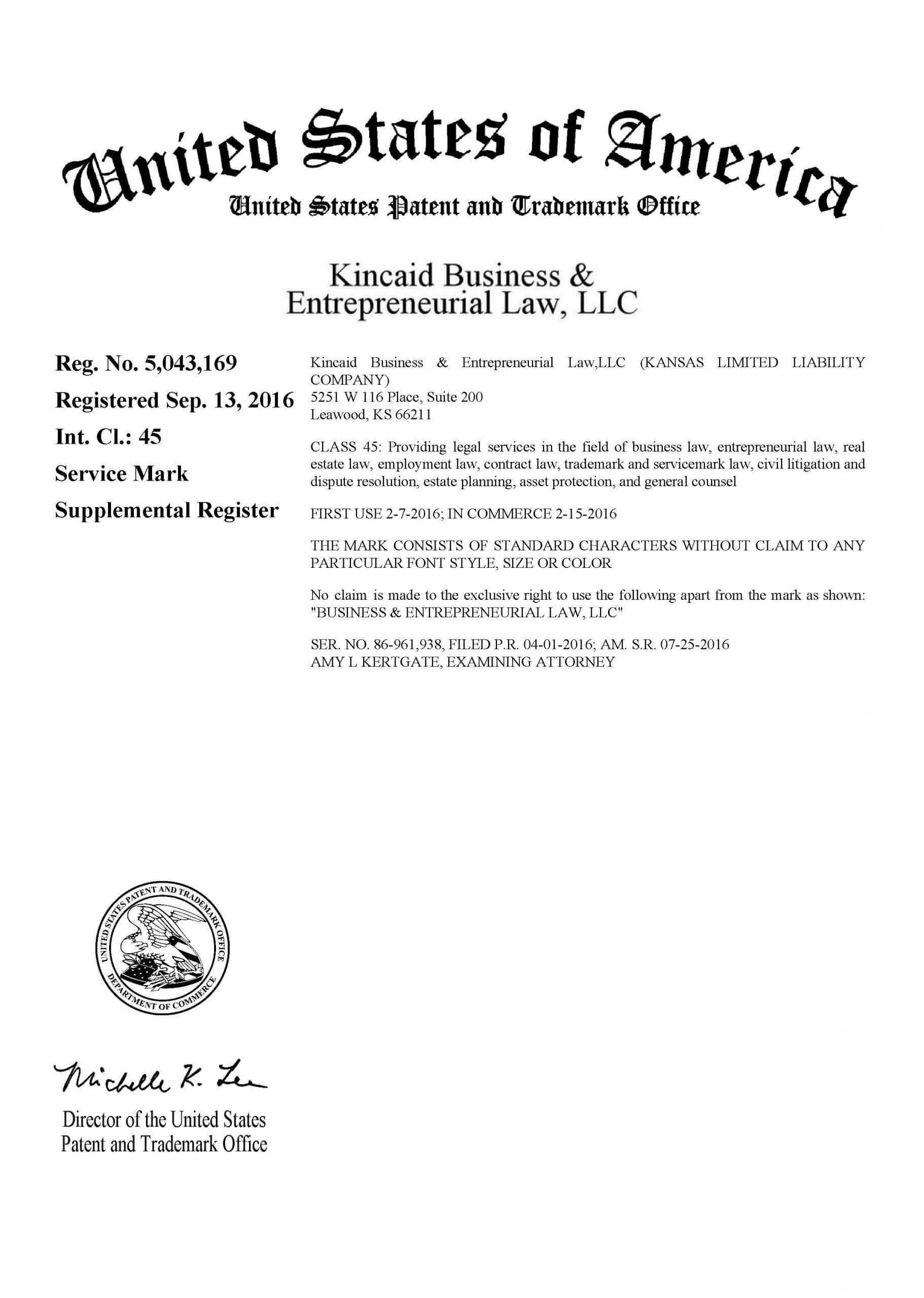 Trademark Registration Certificate With USPTO