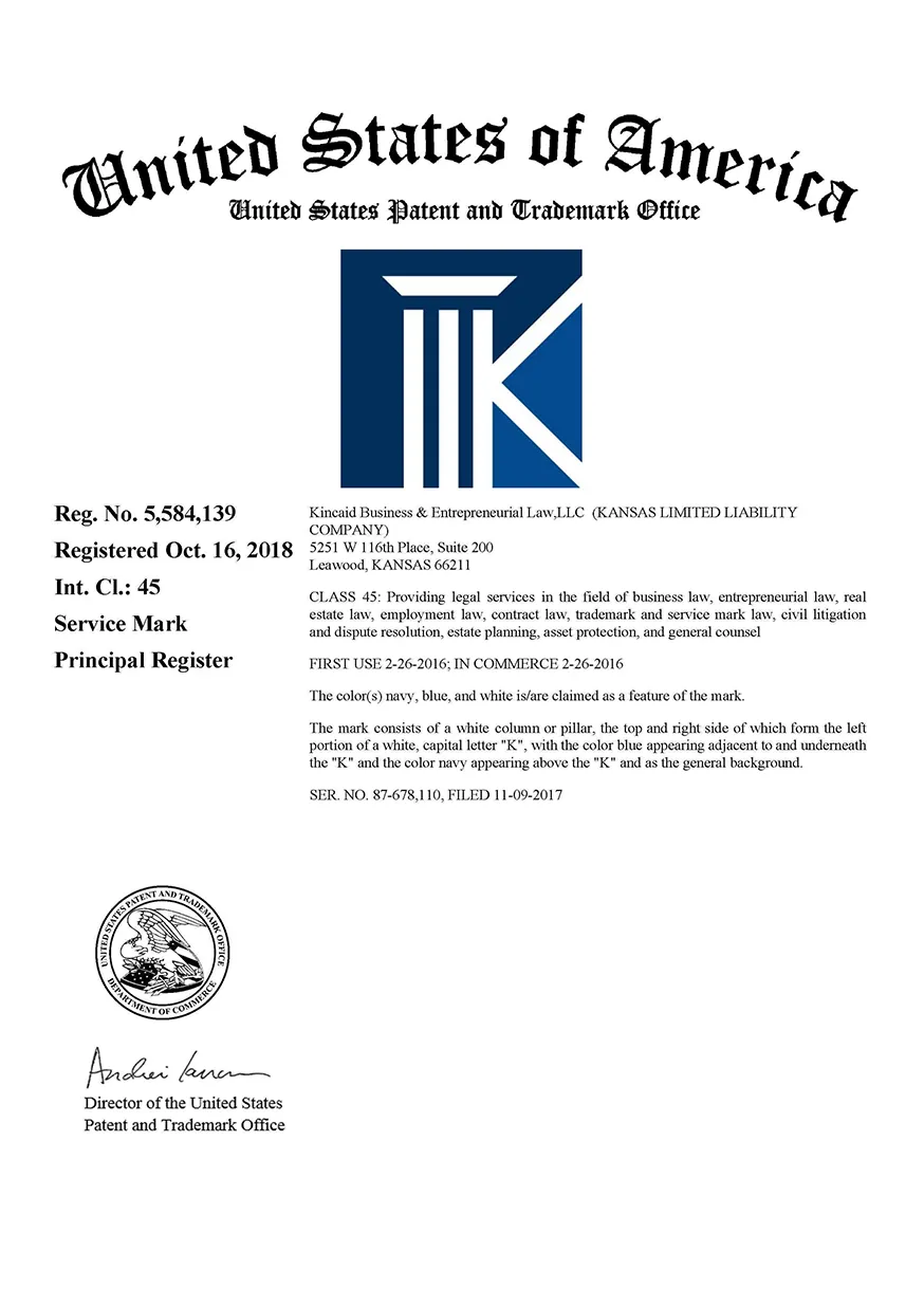 Kincaid Law KC LLC USPTO Business Logo Trademark registration certificate