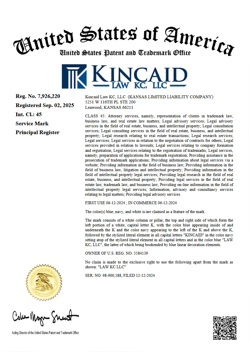 Kincaid Law KC LLC USPTO service mark registration certificate